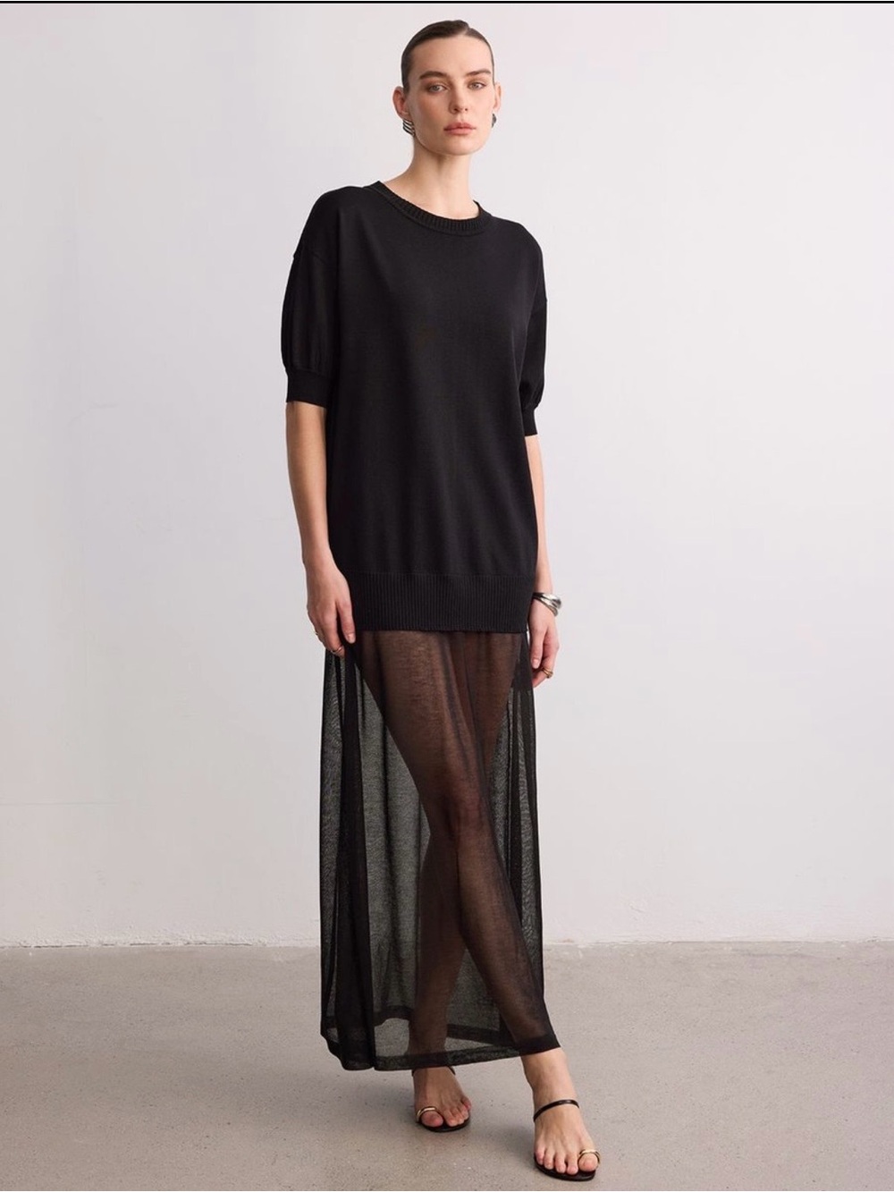 Short Sleeve Sheer Hem Knit Maxi Dress
